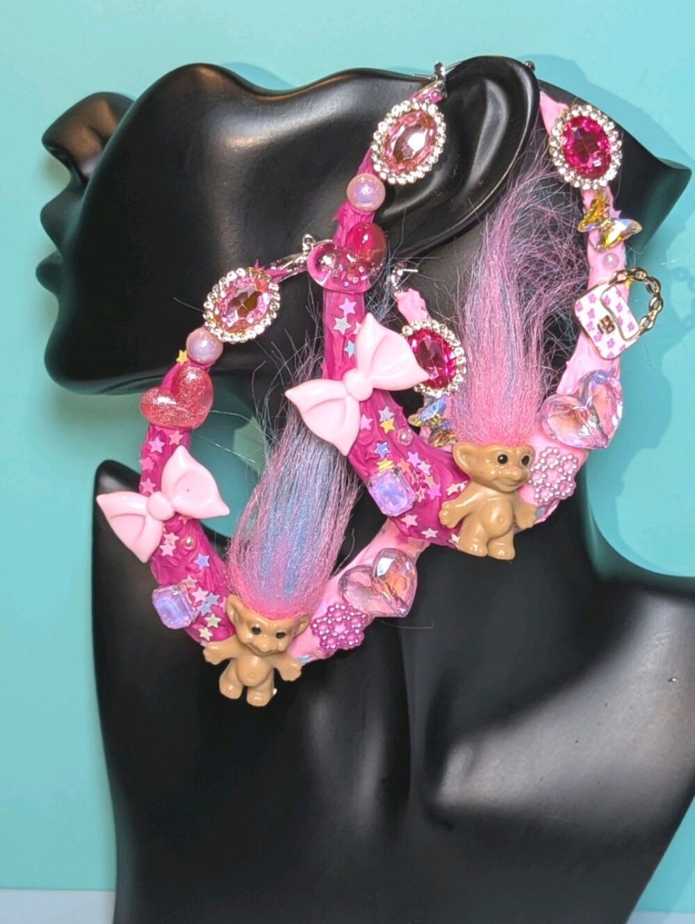 Hand Crafted Decoden XL Pink Troll Hair Hoop Earrings with Bows and Gem Accents